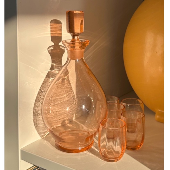 Vintage Set of 6 • Pink French Round Glass Medium Decanter + 5 Shot Glasses - Picture 2 of 10